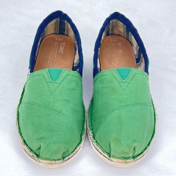 Toms Bimini Stitch Out Two Tone Blue Green Canvas Drawstring Slip On Flats 8.5 - Picture 2 of 10